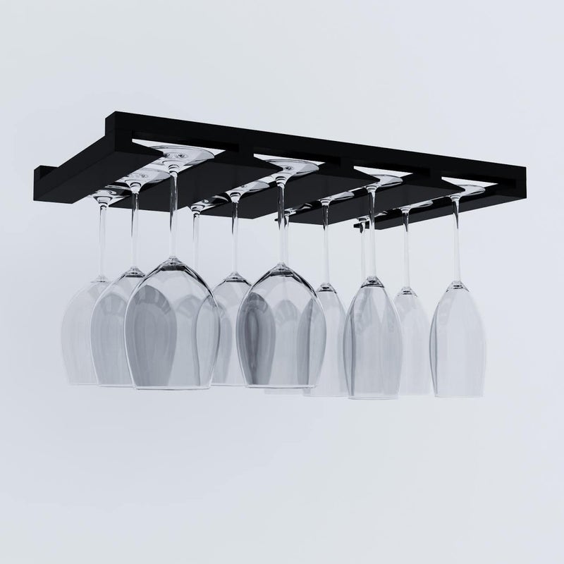 Rustic State Eze 4 Sectional Wood Under Cabinet Wine Glass Holder Rack Hanging Shelf Stemware Bar Organizer - 12 Wine Glass Storage - 10 Inch Deep - Black - Image 5
